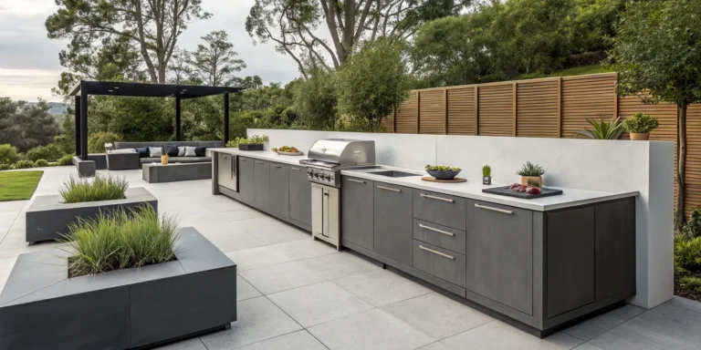 A modern outdoor kitchen with one of the best stone countertops for all-weather durability.