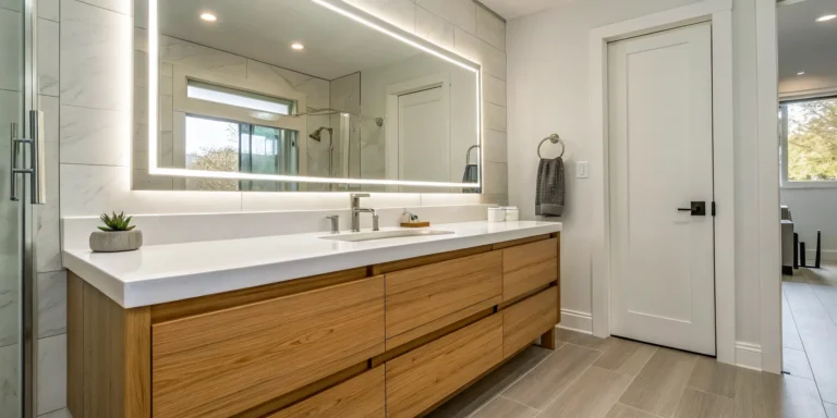 Modern bathroom featuring a new wood vanity after a professional installation service.