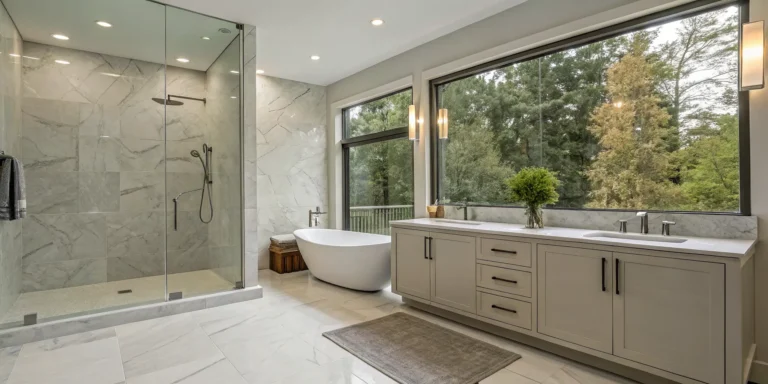Modern bathroom showing the high-end cost of a large porcelain slab shower.