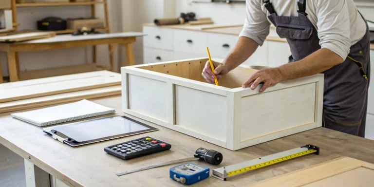 A carpenter measuring a cabinet, detailing the labor cost to build cabinets.