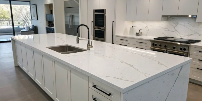 Modern kitchen island with a custom cut quartz countertop and an integrated sink.