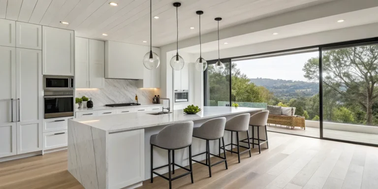 All-in-one kitchen remodel in Mountain View with a modern island and white cabinets.