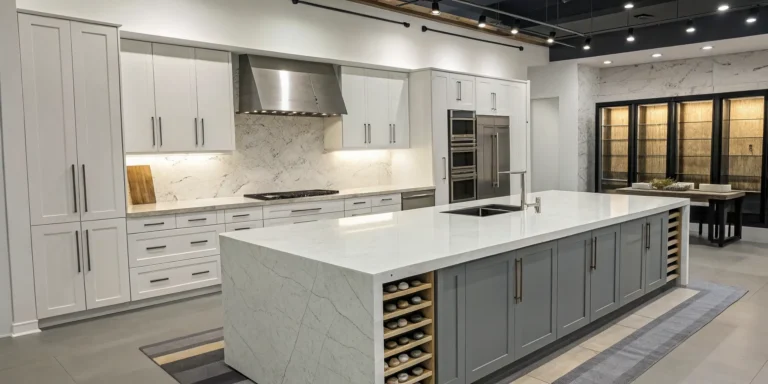 Affordable prefab quartz countertops on a modern kitchen island.