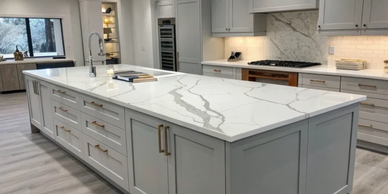 A custom quartz kitchen island with a waterfall edge, a premium feature that increases the cost.