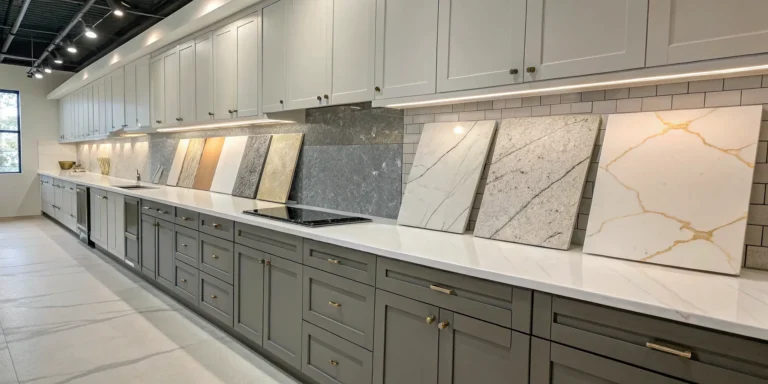 Matching quartz backsplash samples to a quartz countertop in a modern kitchen.