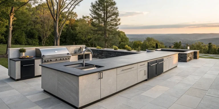 Stone outdoor kitchen countertop with a built-in BBQ grill.