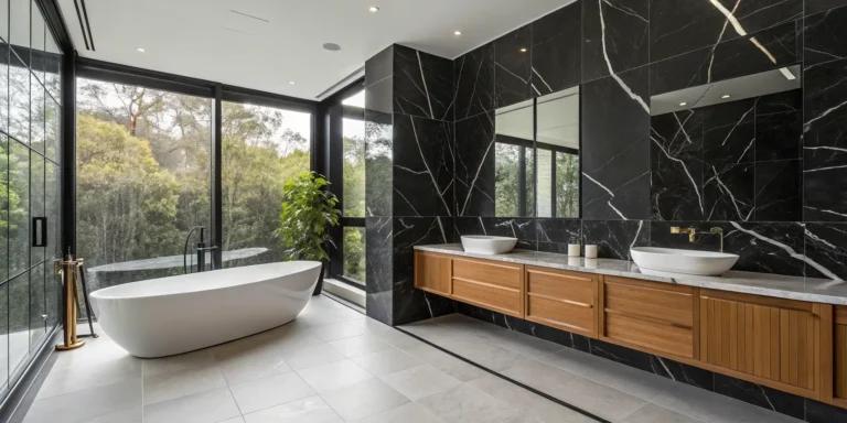Modern black marble bathroom featuring a freestanding tub and a wood vanity with vessel sinks.