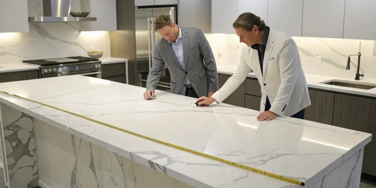 Measuring a kitchen to get a quote for a custom quartz island.