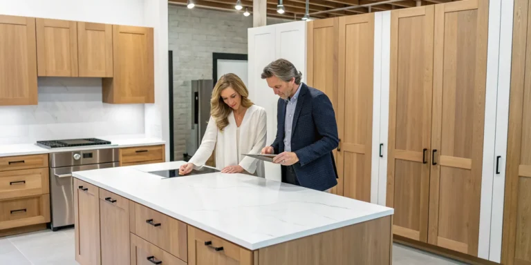 Couple reviewing plans on a tablet to get a quote for custom kitchen cabinets.