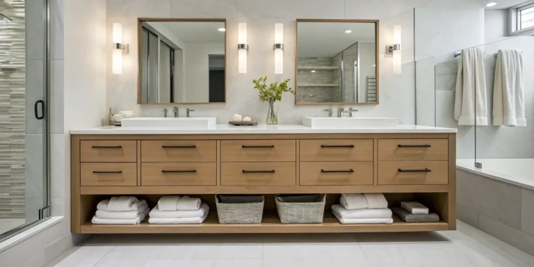 Modern semi-custom bathroom vanity cabinets with double sinks, ample storage, and sleek hardware.