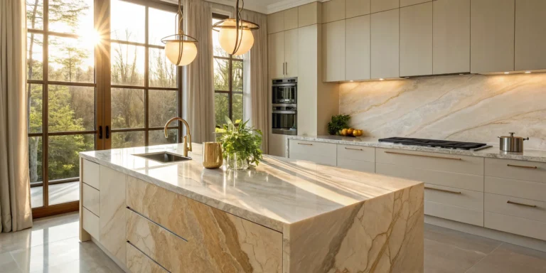 Taj Mahal quartzite countertops and kitchen island with warm tones and elegant veining.