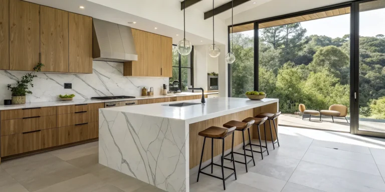 Modern custom kitchen island with a quartz top and wood cabinetry in the San Francisco Bay Area.