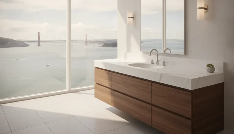 Modern bathroom sink and white quartz countertop combo