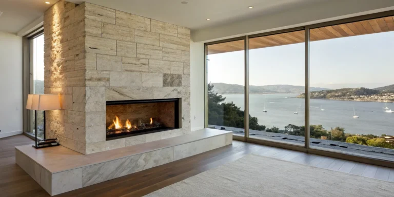 Modern stone fireplace surround in a San Francisco Bay Area home.