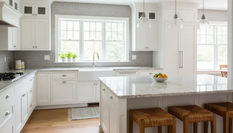 Colonial White granite countertops with white cabinets and gray backsplash