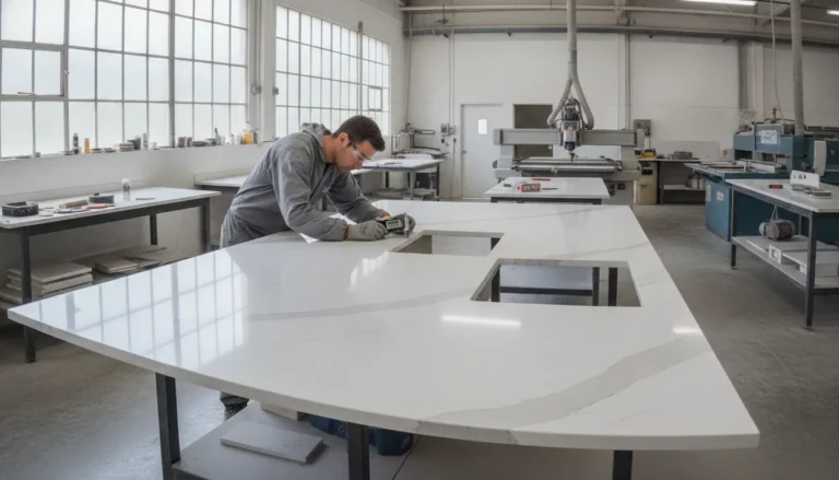 Stone fabricator inspecting a precision-cut quartz countertop