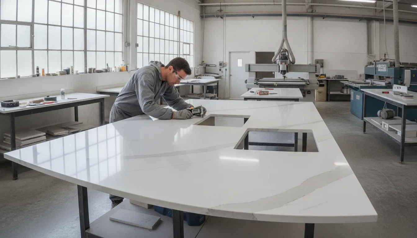 Stone fabricator inspecting a precision-cut quartz countertop