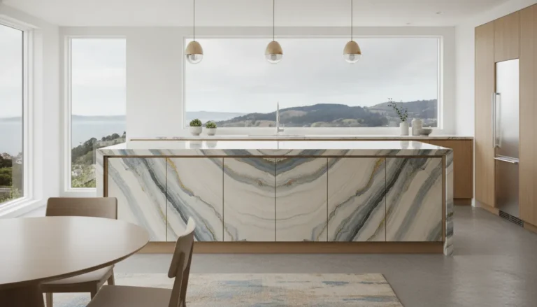 Custom quartzite kitchen island with natural stone veining