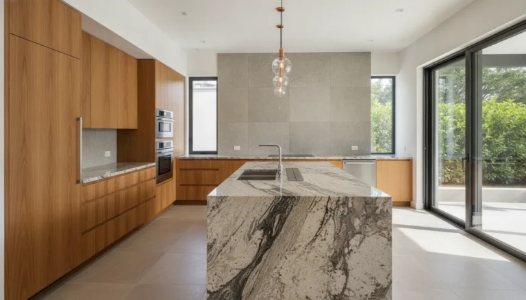 Modern kitchen with polished natural granite countertops