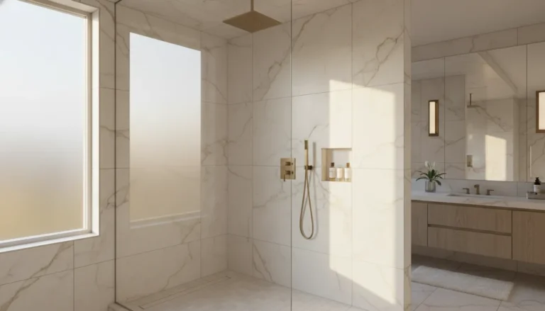 Modern shower finished with large porcelain wall slabs