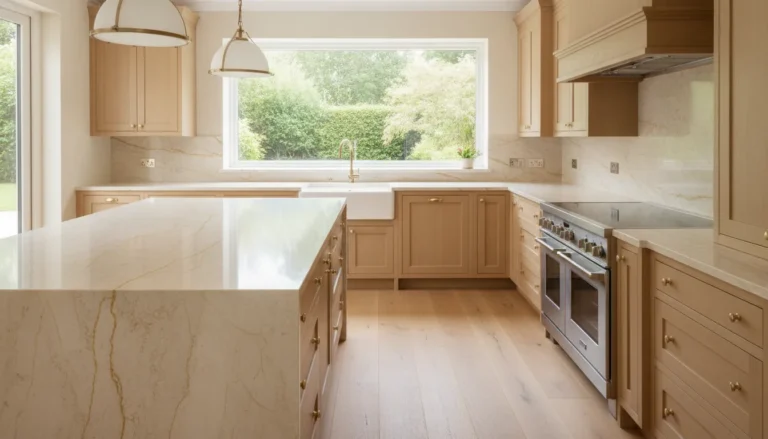 Leathered Taj Mahal quartzite countertop in a warm Bay Area kitchen