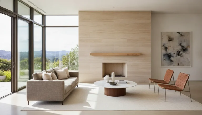 Modern living room with a clean natural stone fireplace surround