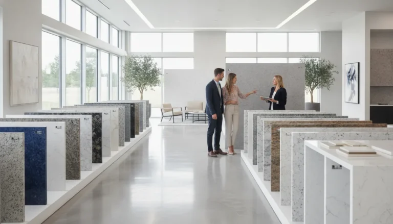 Customer comparing prefab countertops in a stone showroom
