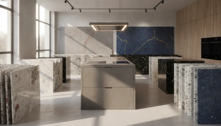 Prefabricated granite countertops displayed in a kitchen showroom