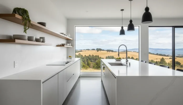 Quartz backsplash paired with stone countertops in a modern kitchen