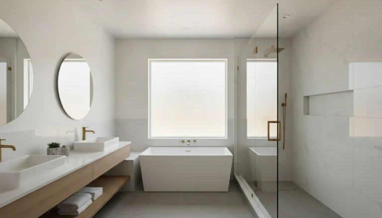 Modern bathroom with white quartz shower walls