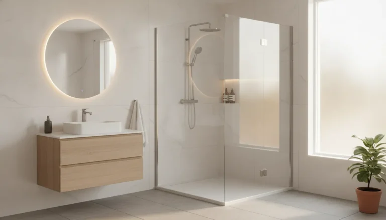 Modern bathroom with white quartz shower wall panels