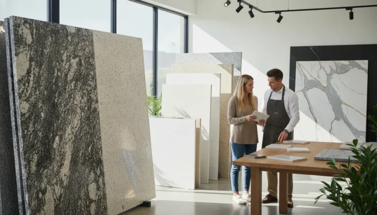 Homeowner comparing stone countertop samples in a showroom