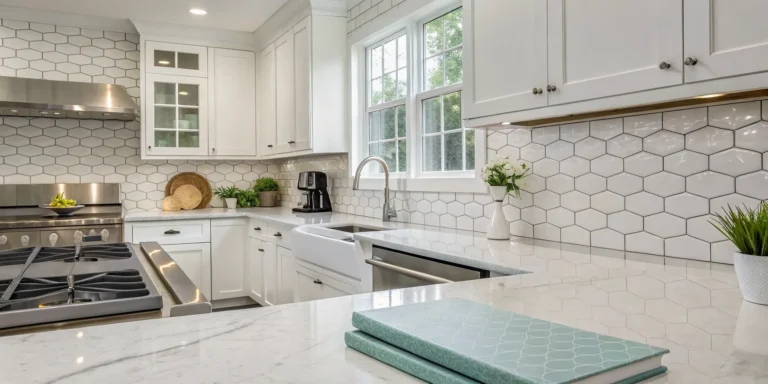 White hexagon tile backsplash in a kitchen to help calculate installation cost.