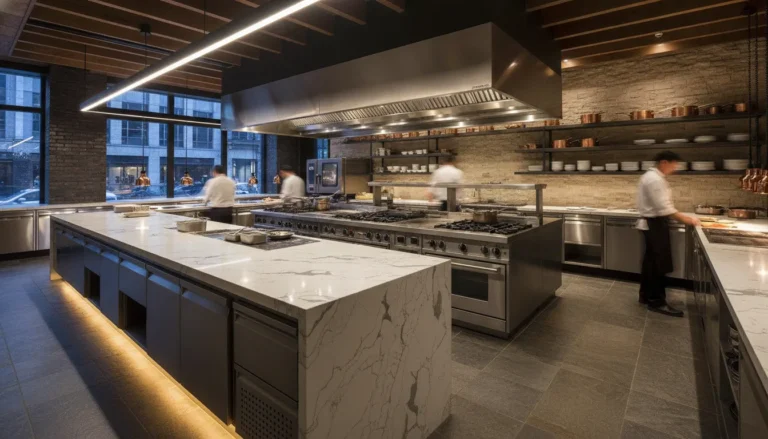 Professional commercial kitchen with polished quartz countertops and warm lighting
