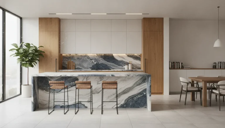 Modern kitchen island with a stone countertop slab featuring a waterfall edge, bar seating, and an open-concept kitchen with natural light