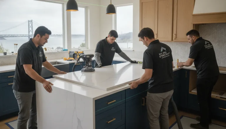 Professional countertop installation crew installing a quartz countertop in a modern kitchen