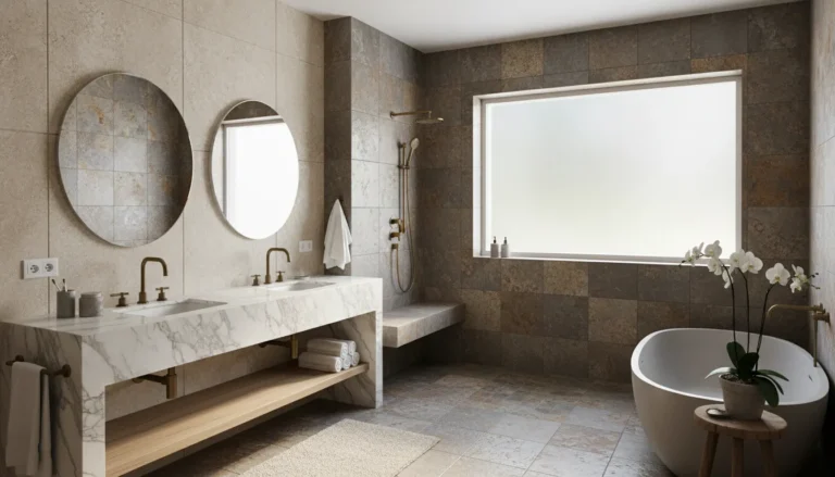 Spa-style bathroom with natural stone vanity top, stone shower surround, and stone flooring in warm earthy tones