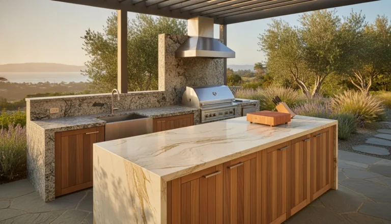 Outdoor kitchen with stone countertops featuring a grill and prep area in a Bay Area backyard