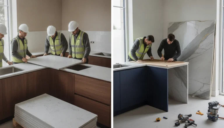 A split-screen comparison showing prefabricated stone countertop layout on one side and a custom stone fabrication layout on the other side