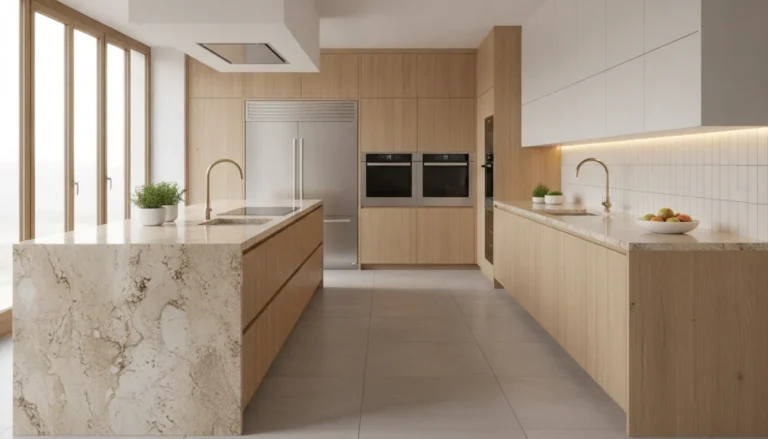 Modern kitchen with polished prefabricated granite countertops in a warm neutral tone