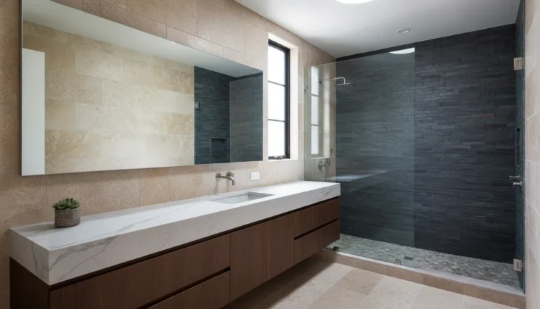 Modern small bathroom with a sleek prefabricated quartz vanity top