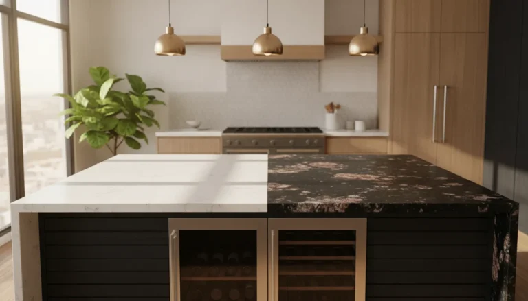 Modern kitchen countertop comparing quartz and granite stone surfaces side by side