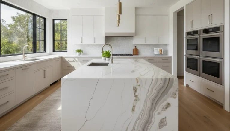 Quartz and quartzite prefab countertops displayed in a bright modern Bay Area kitchen showroom