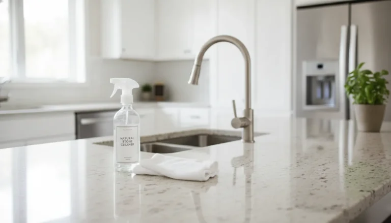 Clean stone kitchen countertop with cleaning supplies including a spray bottle and soft cloth in a modern kitchen with natural lighting