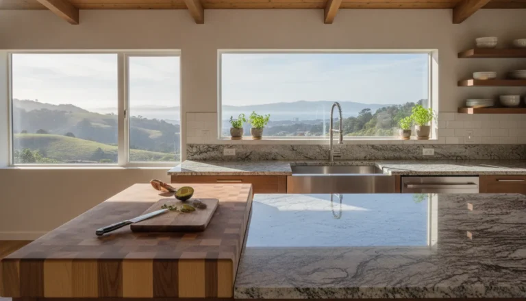 Modern kitchen countertop showing butcher block wood and polished granite side by side
