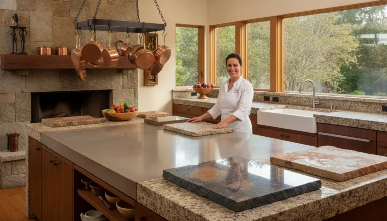 Modern Bay Area kitchen with a polished concrete island countertop beside natural stone surfacing