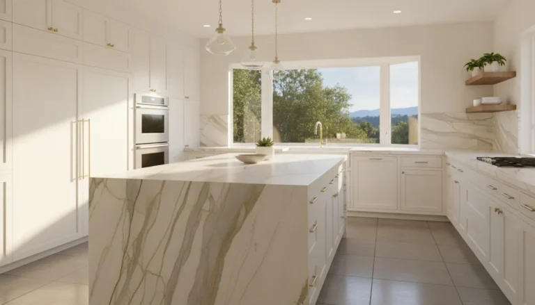 Modern kitchen with natural stone countertops and natural light
