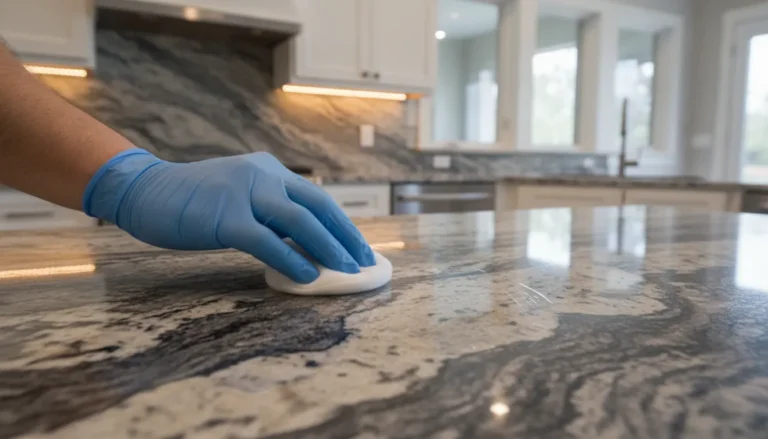 Stone fabricator applying a clear penetrating sealer to a granite countertop in a bright kitchen